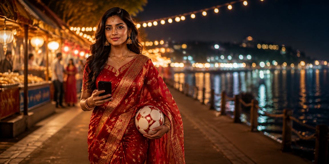 Indian football fan in traditional saree showing enthusiasm for football betting